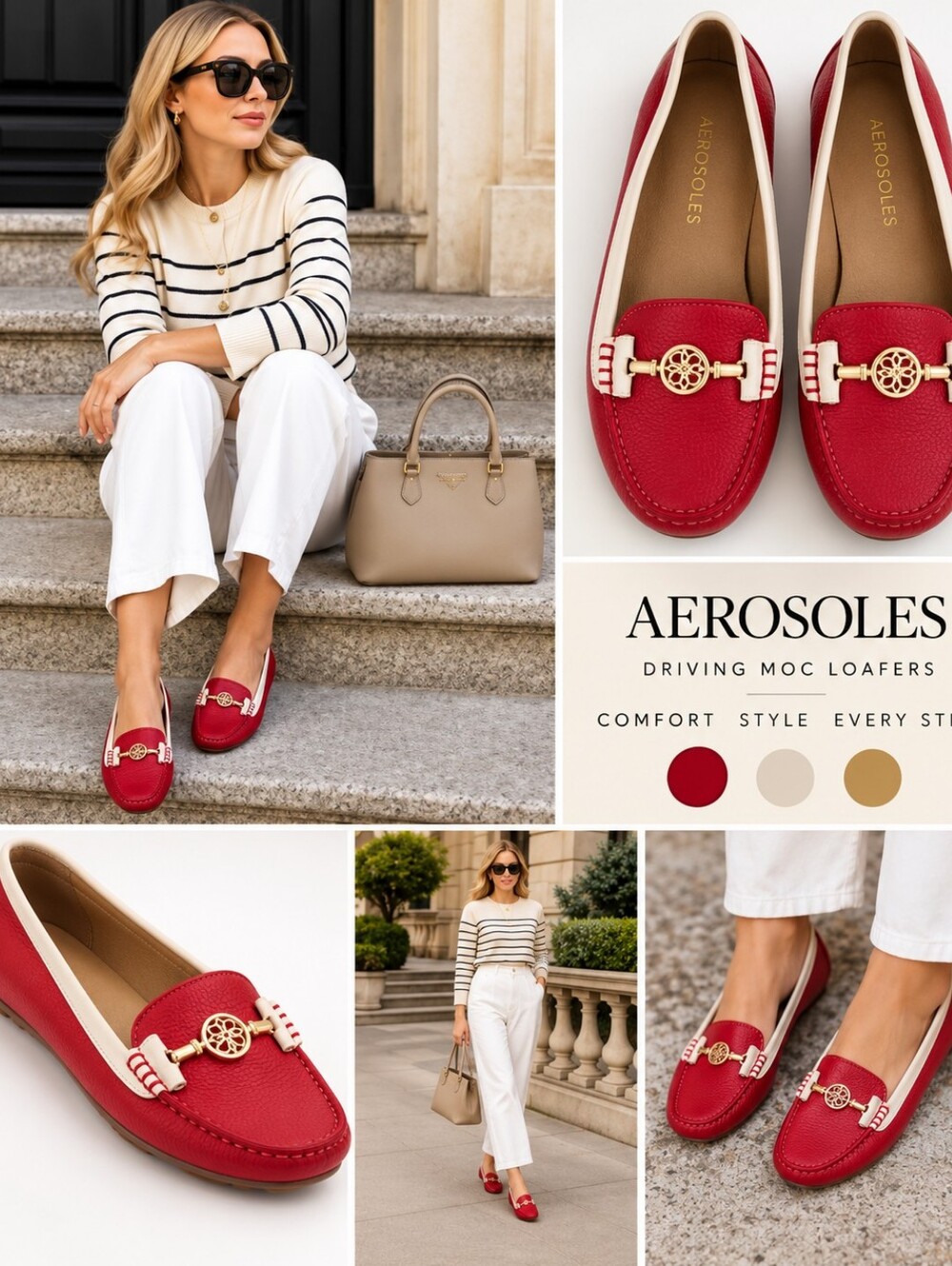 AEROSOLES Red and Cream Two-Tone Leather Loafers with Gold Accent